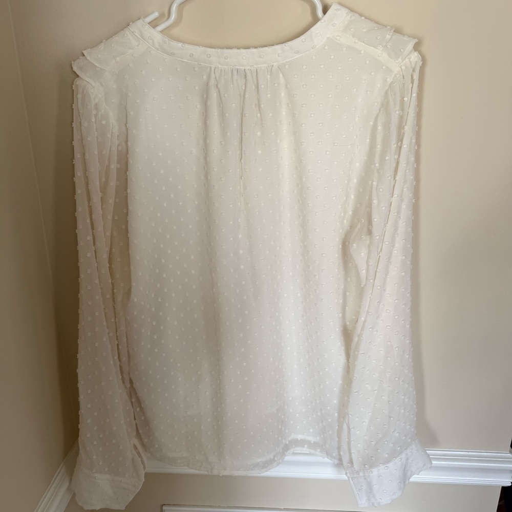 J. Crew Ivory Clip-Dot V-Neck Ruffled Button Up Long Sleeve Shirt Size Large - Picture 5 of 8